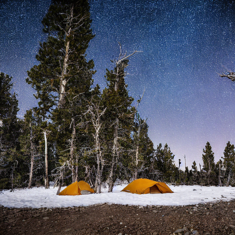 A blue tent rests on a snowy dirt campsite beneath a sky full of stars. A hammock hangs between the trees near boulders and berry-covered bushes. Stone patches add a rugged touch to this peaceful Yellowstone setting.