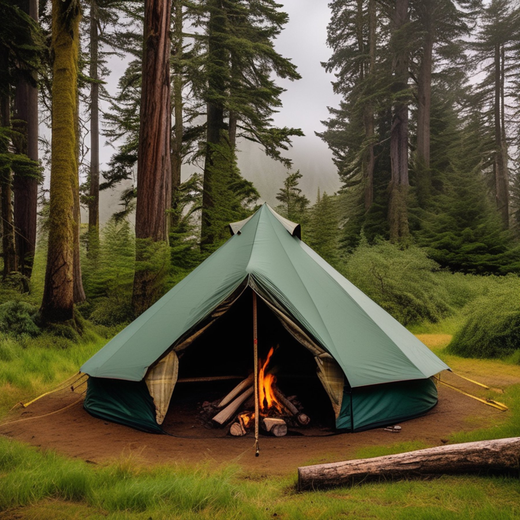 A green tent rests in a grassy forest campsite near Cannon Beach. Logs sit around a small campfire, while thick bushes and stormy skies create a wild, cozy feeling.