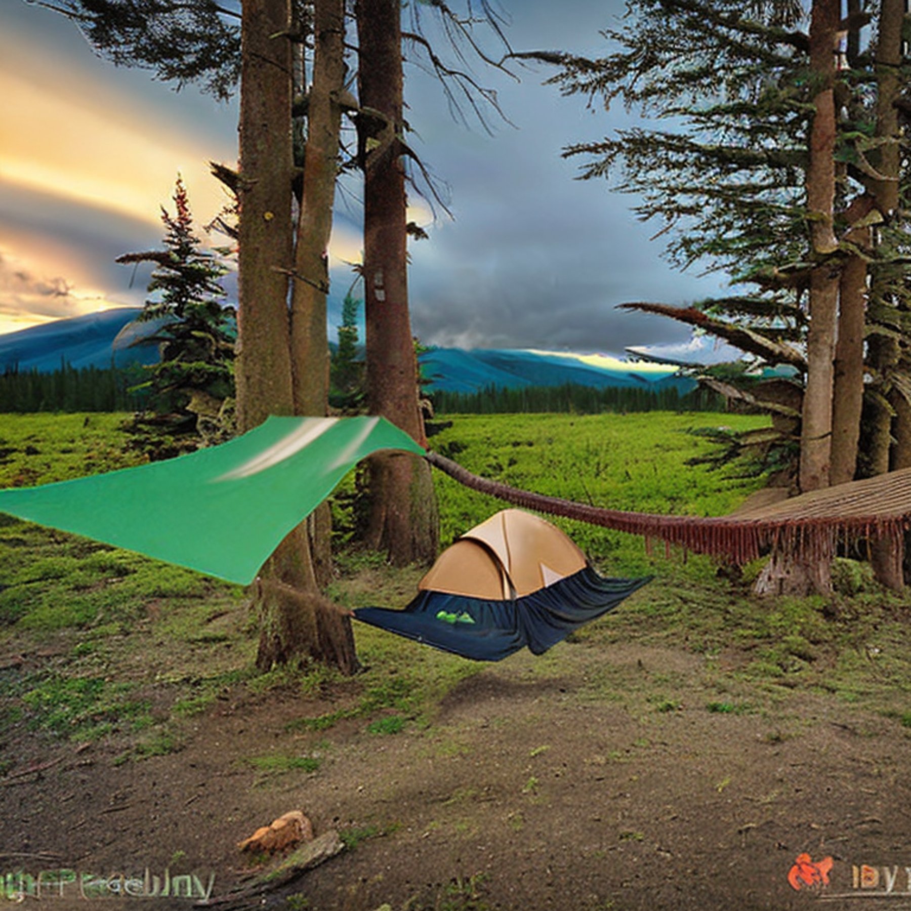 A green and tan tent rests beside a crackling campfire in the Alaskan wilderness. A clear stream winds through the campsite, with a picnic table and hammock nearby. Soft sunset light glows beneath cloudy skies, while a tall mountain rises in the distance.