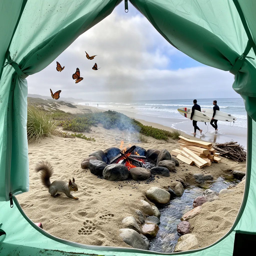 From inside a mint-green tent, you can see a sandy bluff and the ocean beyond the dunes. A campfire ring glows with warm embers, and the wet sand shines after the rain. Two surfers walk by the shore with their boards while a gray squirrel darts past. A small trickle of fresh water runs over rocks as monarch butterflies drift on the cool sea breeze.