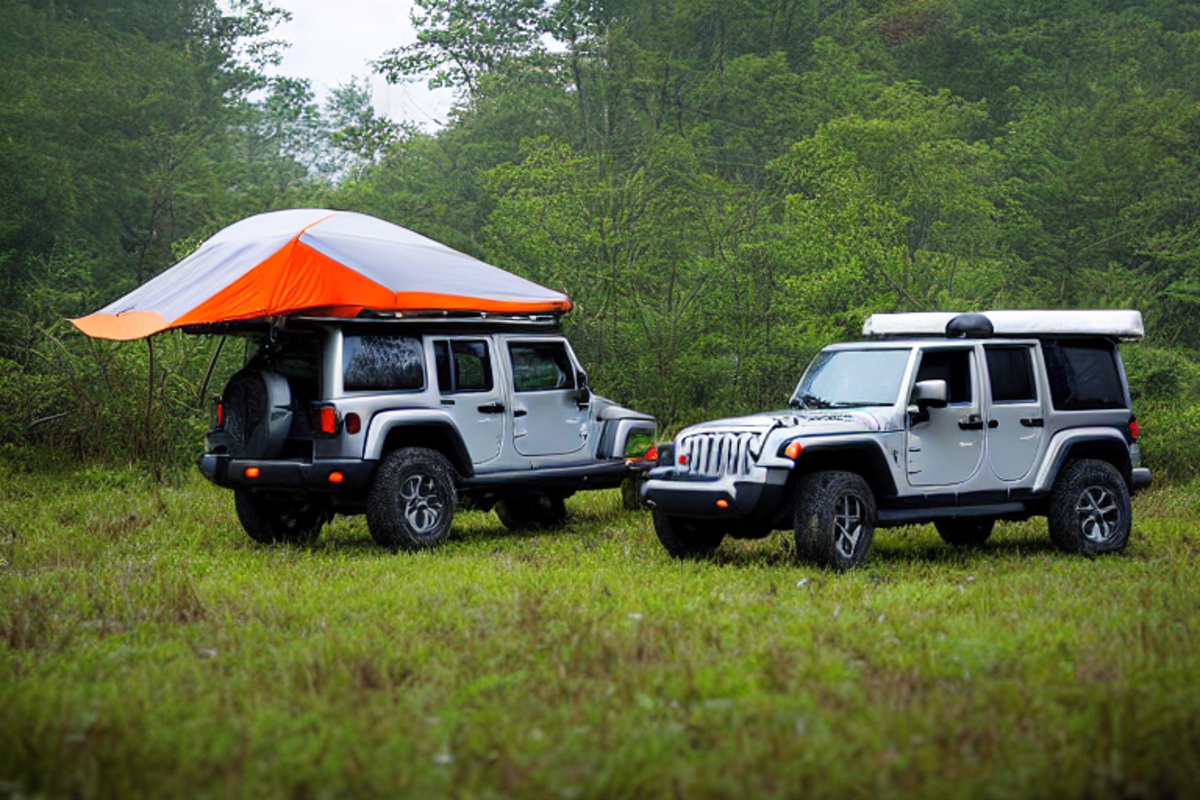 A gray and orange Jeep rests on a quiet dirt campsite in the Smoky Mountains. Its rooftop tent glows warmly as ferns surround the trail, while a deer watches from the distance beneath the cloudy sunset sky.