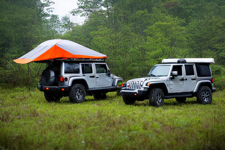 A gray and orange Jeep rests on a quiet dirt campsite in the Smoky Mountains. Its rooftop tent glows warmly as ferns surround the trail, while a deer watches from the distance beneath the cloudy sunset sky.