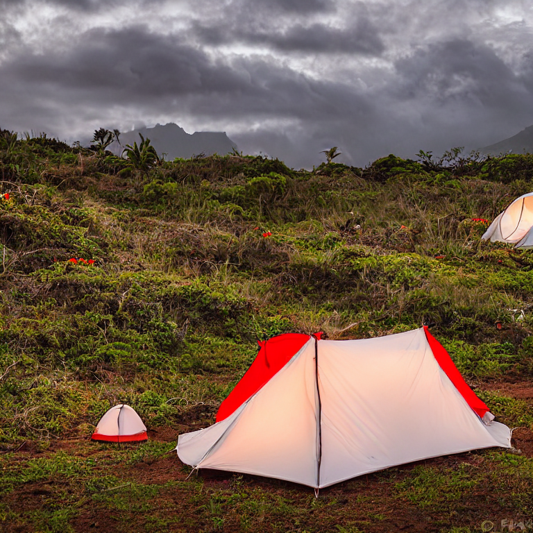 A red and white tent glows softly on a dirt campsite in Hawaii as the sun sets. Surfers enjoy the nearby shore, while bright flowers line the hiking path. Cloudy skies add a calm, dreamy feeling.