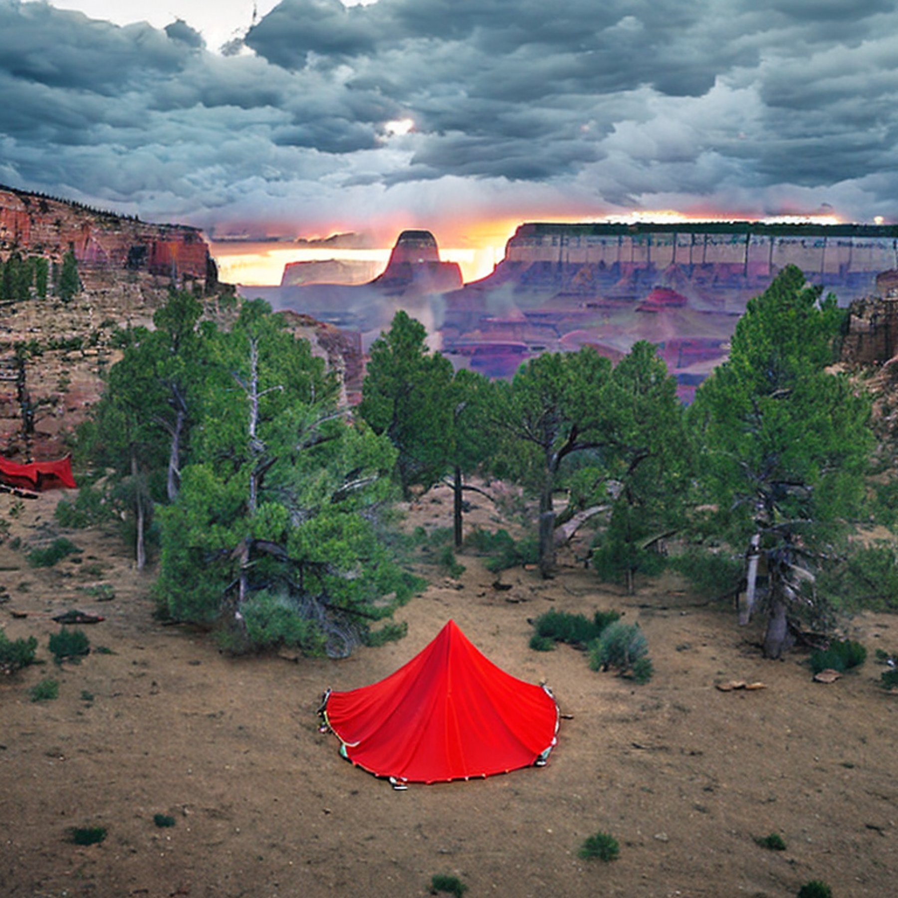 A bright red tent sits beside a warm campfire on a dirt patch near the Grand Canyon. Mossy trees, camping chairs, and a clothesline add a cozy touch as golden light breaks through the stormy sky.