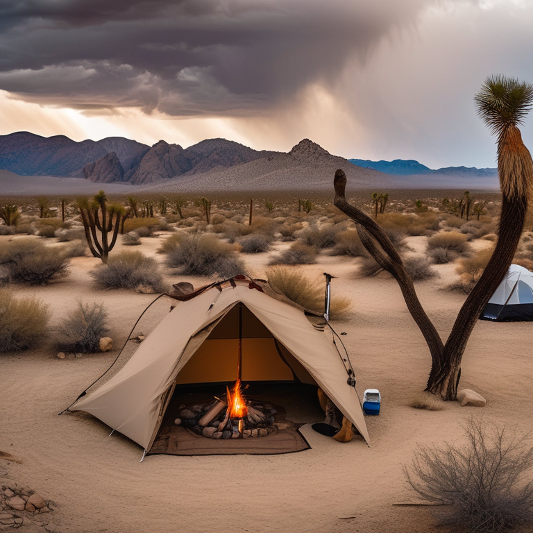 A brown tent rests on a paved campsite in rainy Joshua Tree National Park. A warm flashlight glows inside, while a stone-ringed campfire and scattered logs sit nearby.
