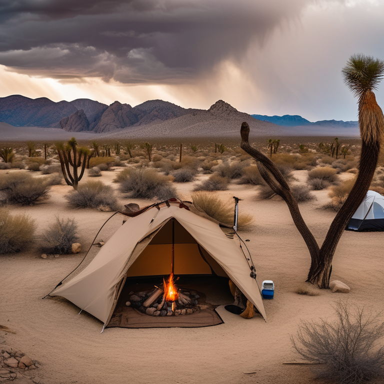A brown tent rests on a paved campsite in rainy Joshua Tree National Park. A warm flashlight glows inside, while a stone-ringed campfire and scattered logs sit nearby.