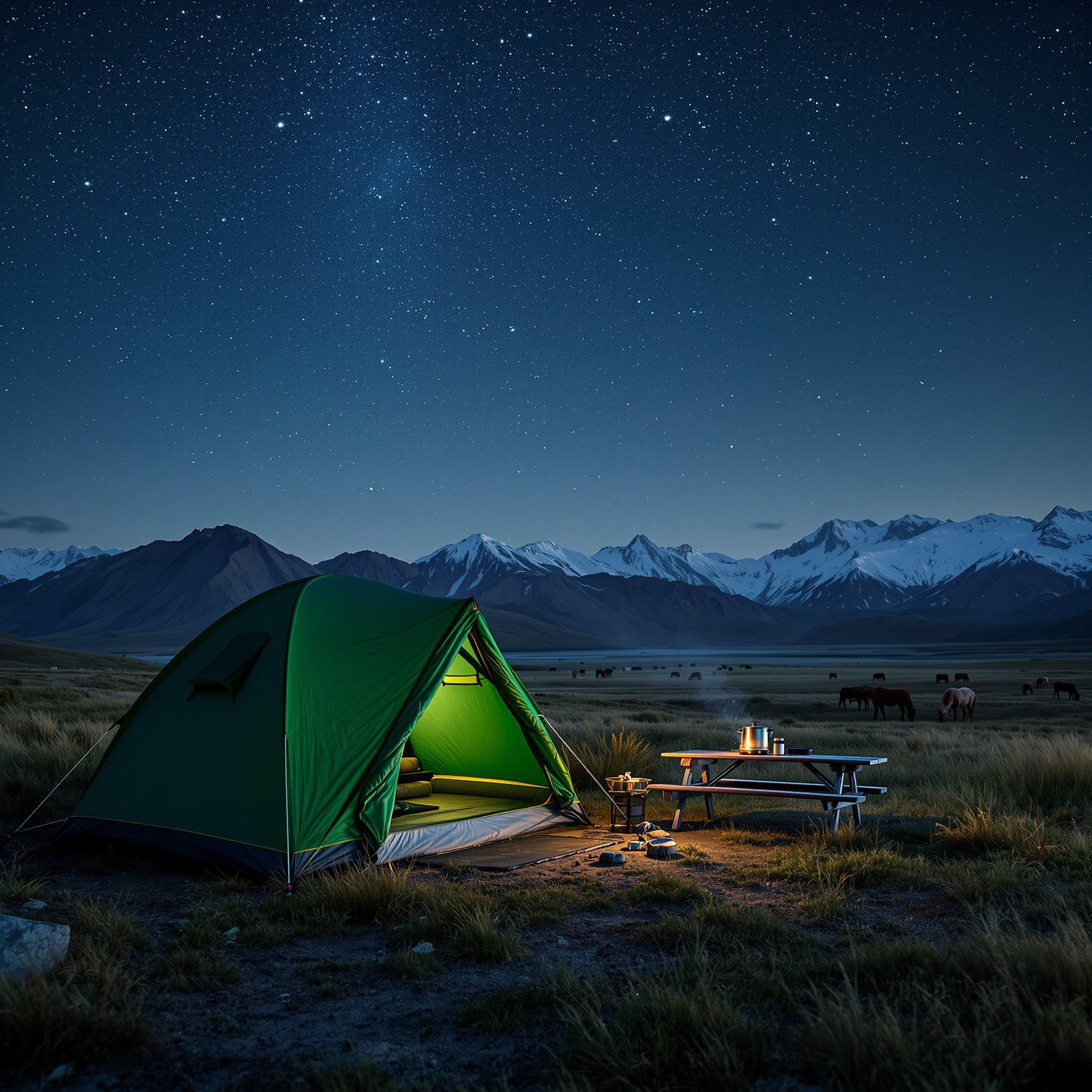 Camp under a starry sky with snowy mountains in the background and wild horses roaming nearby. The cozy tent and glowing campfire make this spot feel peaceful and safe. Perfect for stargazing and enjoying nature.