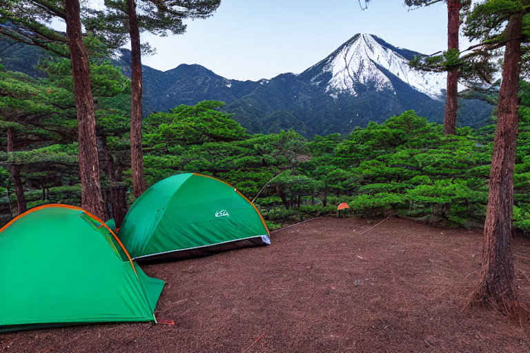 A green tent rests beside a warm campfire on a snowy forest campsite in Miyajima, Japan. Small trees surround the dirt clearing, with rolling hills and a mountain rising in the distance. A pale moon glows in the dusky sky.