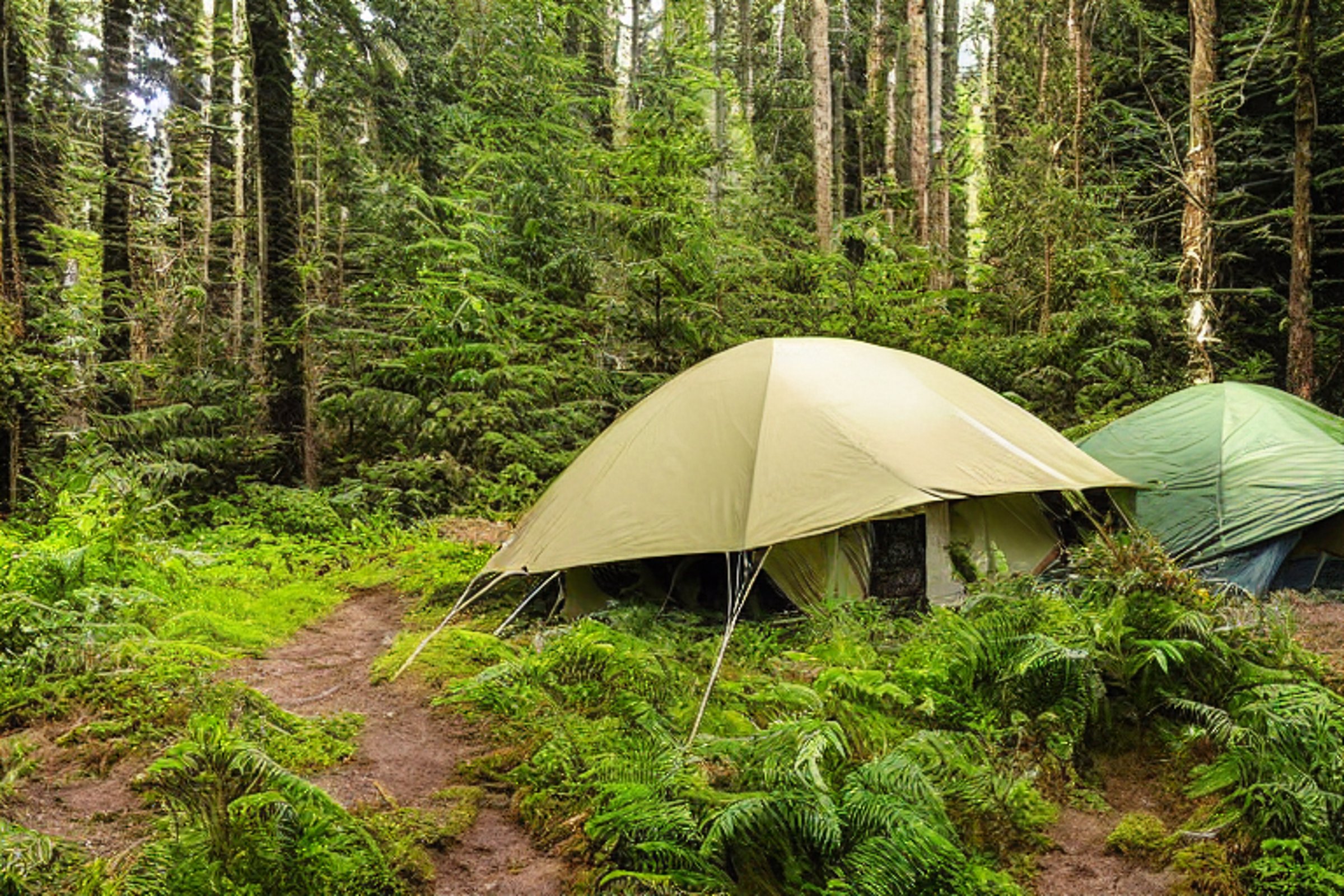 A green and tan tent rests on a quiet dirt campsite on Vancouver Island. Ferns and tall grass line the nearby hiking path, glowing in the warm sunset light.