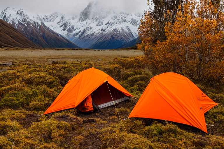 An orange tent rests on a rough campsite in Mount Cook National Park. Fall-colored trees and fallen leaves surround the dirt, while soft fog and sunset light create a peaceful mood. A deer stands quietly in the distance.