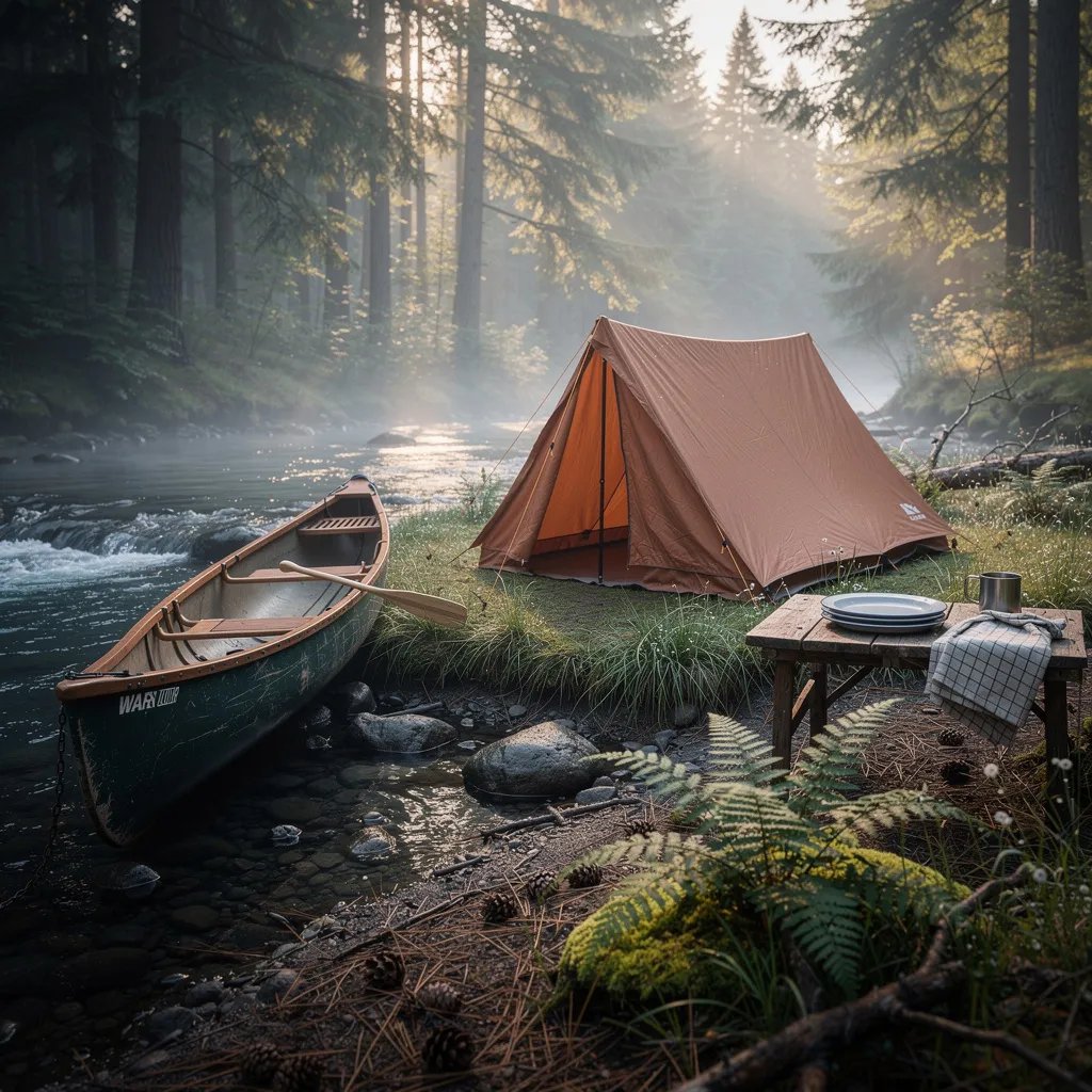 A quiet river curls through a misty evergreen forest as the first light of dawn glows between the tall trees. A copper canvas tent sits near the water, with a weathered canoe resting on the grassy bank. Wet rocks shine softly, and pine needles and ferns cover the ground like a forest carpet.