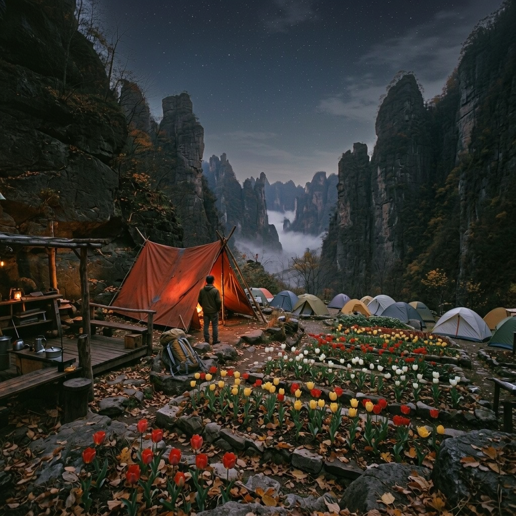 A campsite is seen from the flower beds beneath a starry canyon sky. Red, yellow, and white tulips fill the foreground, with tents lined up beside a glowing shelter.