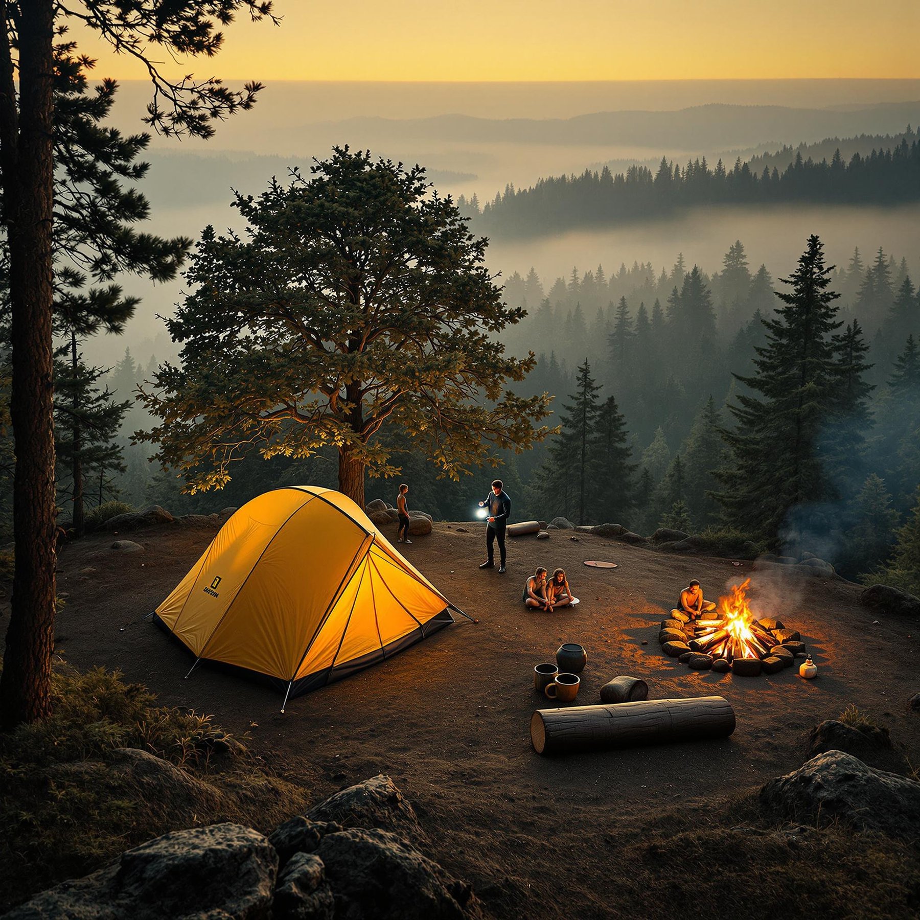 Nestled on a high hilltop, this cozy campsite glows under a golden sunset, surrounded by misty pine trees. A bright yellow tent stands beside a crackling campfire, where friends share stories and enjoy the peaceful evening. The view stretches over forested hills, creating a magical, quiet escape.