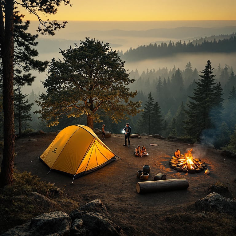 Nestled on a high hilltop, this cozy campsite glows under a golden sunset, surrounded by misty pine trees. A bright yellow tent stands beside a crackling campfire, where friends share stories and enjoy the peaceful evening. The view stretches over forested hills, creating a magical, quiet escape.