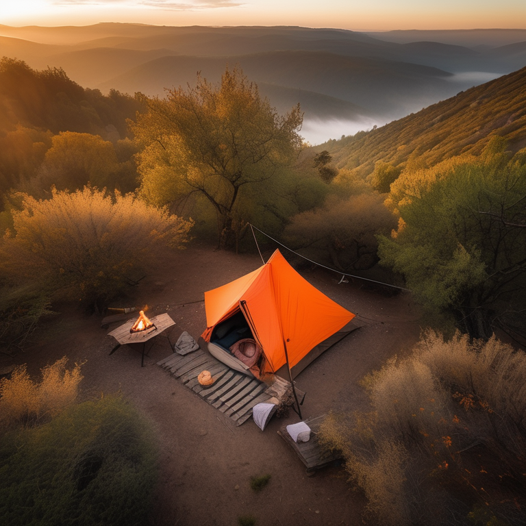 An orange tent rests on a mountain campsite as the morning sun rises through the fog. A small campfire, picnic table, and hammock make the spot feel cozy, while thick bushes surround the dirt clearing.