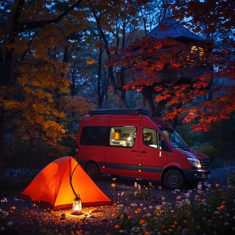 A red camper van rests beneath colorful fall trees in the Ozarks. Nearby, a glowing tent and lantern warm the campsite as sleet falls softly. Wildflowers peek through the cool, quiet forest.