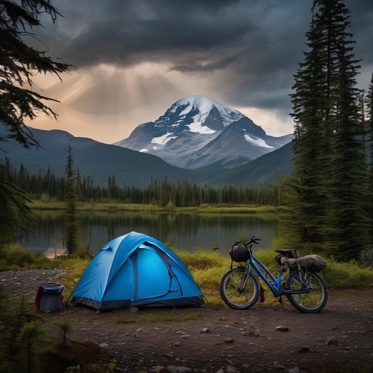 A blue tent rests in a quiet forest at dusk, beside a camping chair and a parked bicycle. Across the water, the campsite is reflected beneath stormy skies, with a mountain rising in the distance.