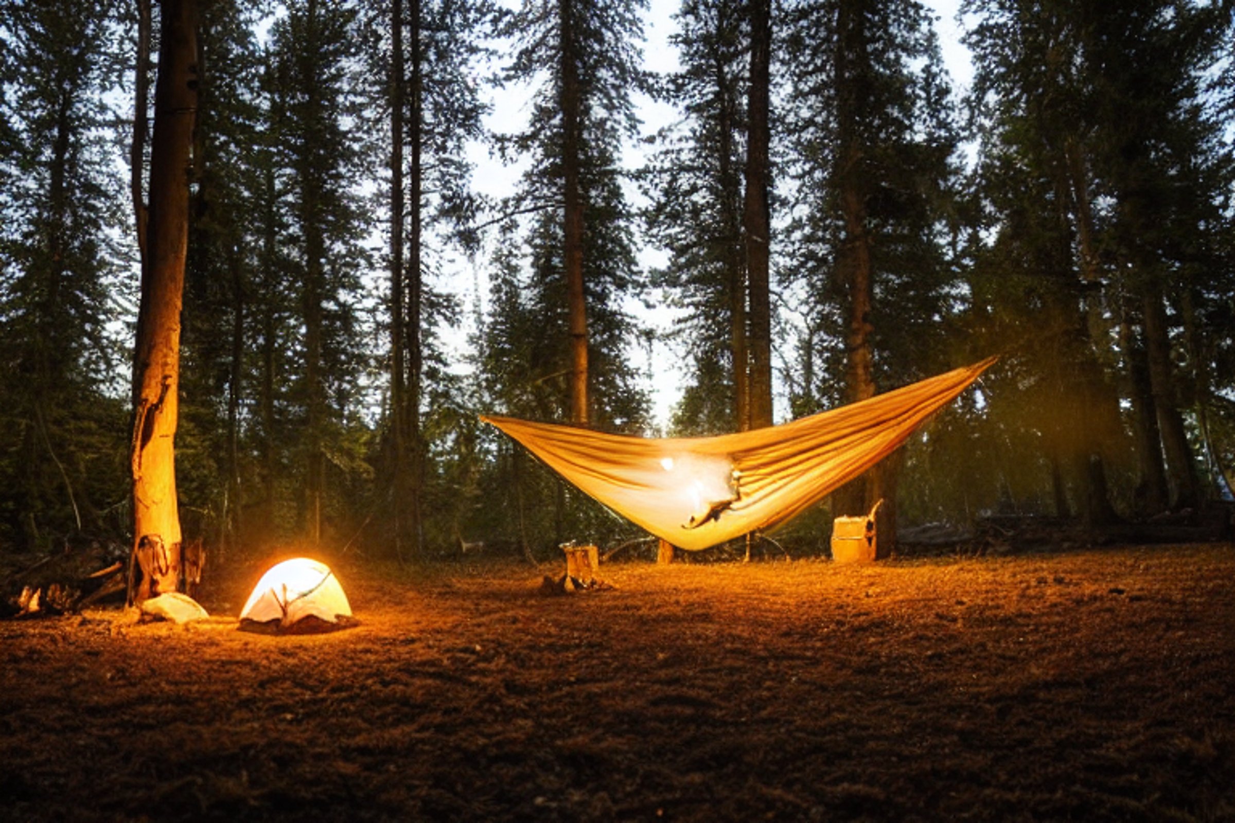 A cozy white tent glows softly beside a campfire in the rainy Norwegian woods. A guitar rests on the ground near a hammock, while small flowers brighten the dirt campsite.