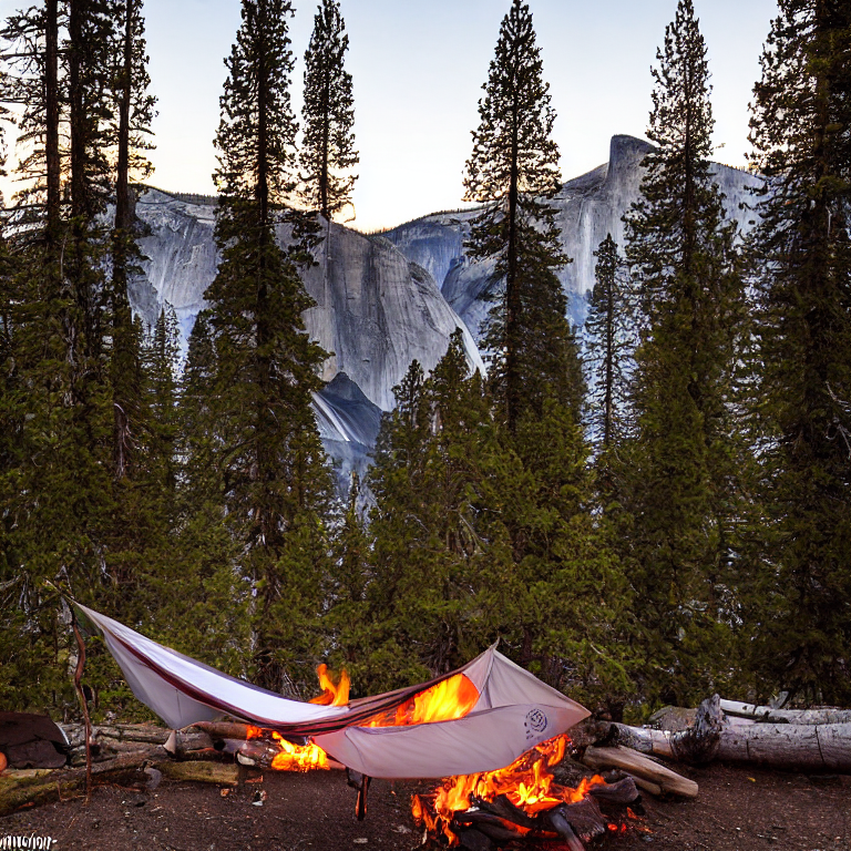 A white tent rests beside a glowing campfire in a foggy Yosemite campsite. A hammock hangs between the trees, while a wooden guitar lies nearby. High above, green auroras light the sky behind the dark mountain.