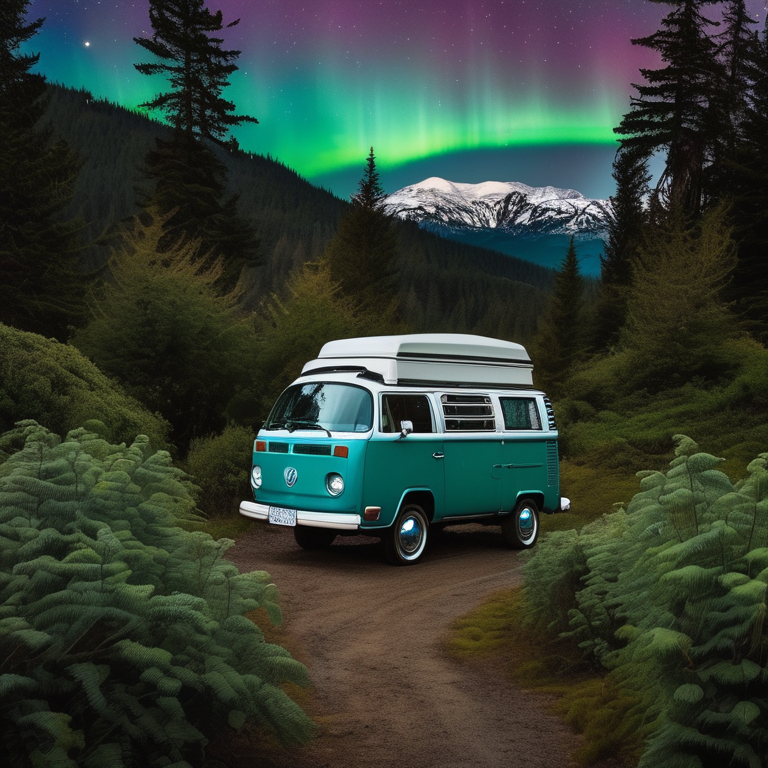 A teal campervan rests on a quiet paved campsite at night. Bright northern lights glow above the bushes, with a soft moon shining through the rainy sky. A dirt path leads into the dark, peaceful landscape.