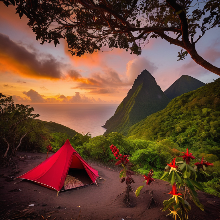 A bright red tent rests on a rough dirt patch as the sun sets in Soufrière, St. Lucia. A warm campfire glows nearby, while flowers and berry-covered bushes add color to the wild setting.