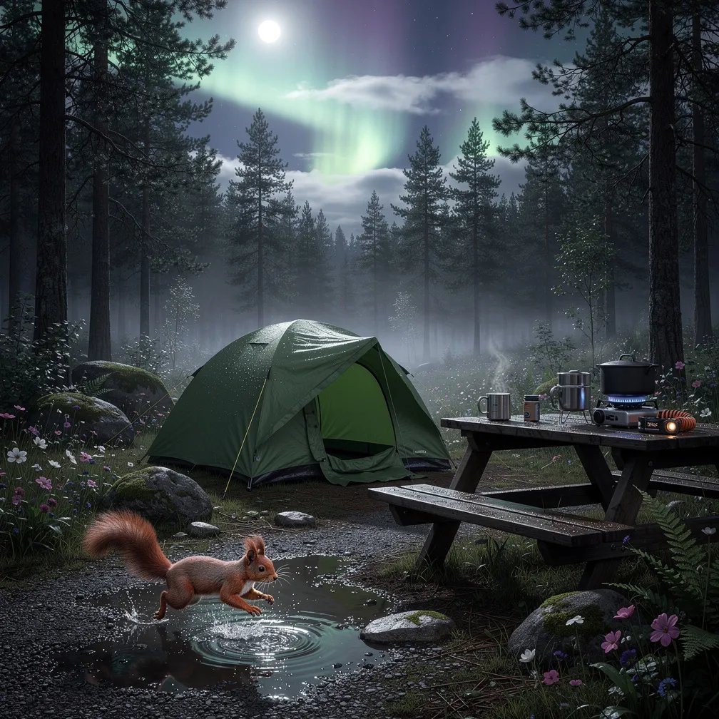 A forest-green tent sits in a quiet boreal forest clearing, with wet puddles shining after the storm. Soft blue moonlight and thin fog make the woods feel calm and mysterious, and a faint green aurora glows through broken clouds. A picnic table holds a small stove and pots, while a red squirrel darts across the ground.