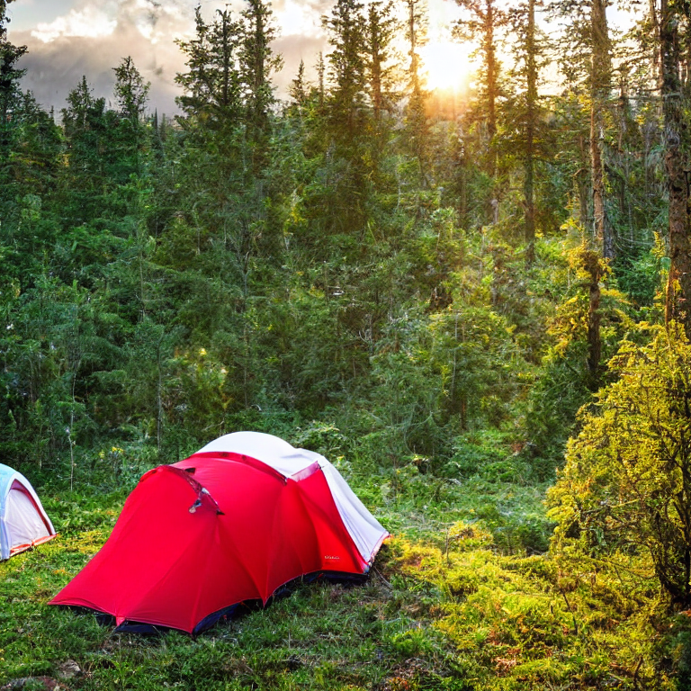 A red and white tent rests on a quiet dirt patch high on a mountain. Tall trees and thick bushes surround the campsite, while a small lantern glows nearby. Golden light shines through the cloudy sky, creating a calm, cozy mood.