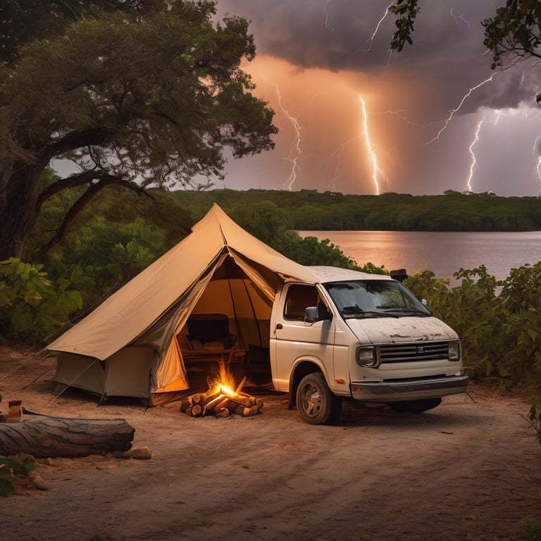 A beige tent rests among wildflowers in Biscayne National Park as the sun sets beneath a distant lightning storm. A squirrel darts past the stone-ringed campfire, while a fishing rod leans against a nearby tree.