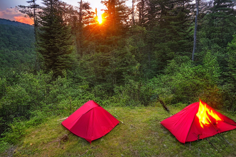 A bright red tent rests on a quiet dirt campsite in the Smoky Mountains. A warm campfire glows among a ring of stones and logs, surrounded by green bushes. Sunset colors fill the open sky, creating a peaceful evening mood.