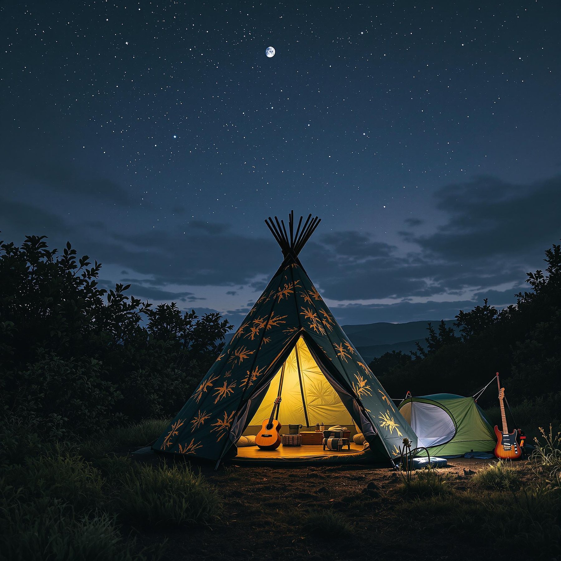A green camo teepee glows softly in the dark woods of Shenandoah National Park. Stars shine above the bushes, with a pale moon and a distant volcano lighting the sky. A wooden guitar rests beside the cozy campsite.