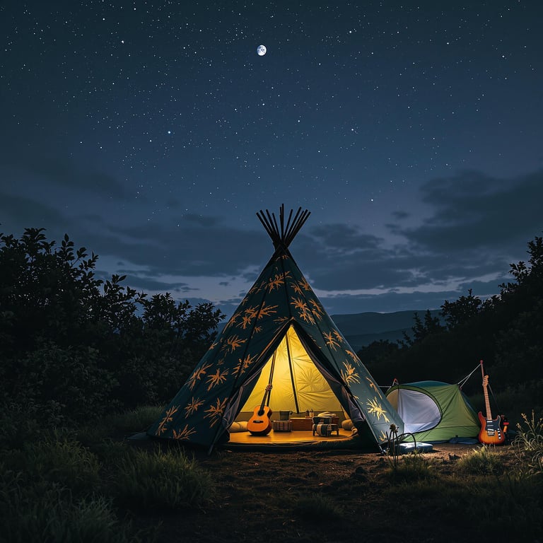 A green camo teepee glows softly in the dark woods of Shenandoah National Park. Stars shine above the bushes, with a pale moon and a distant volcano lighting the sky. A wooden guitar rests beside the cozy campsite.