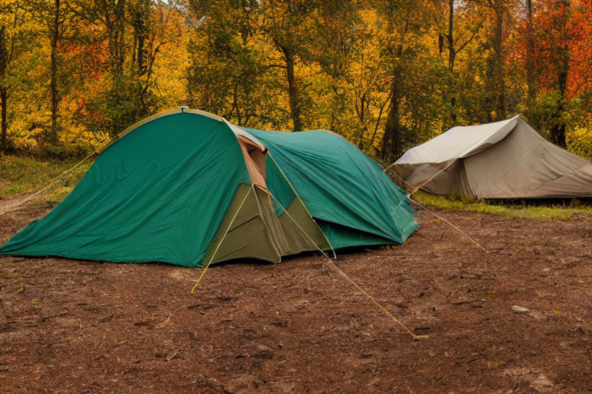 A green and tan tent rests on a dirt campsite beside a quiet river. A small campfire glows as rain falls, while colorful fall trees and wildflowers surround the spot.