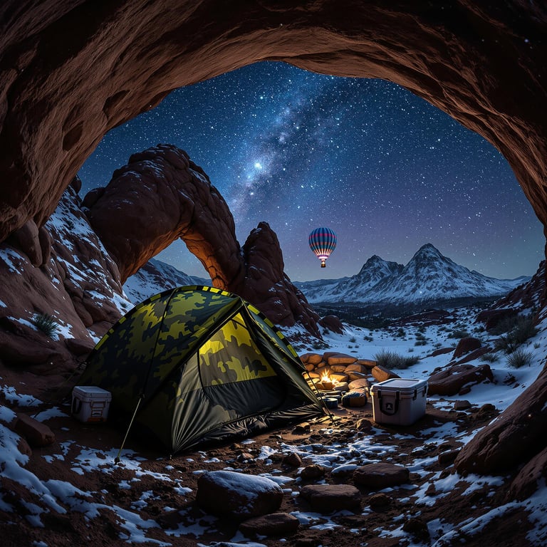 A green camo tent rests beneath a natural stone arch on a snowy mountain night. Meteors streak across the sky while a cooler and camping gear sit nearby. The campsite feels quiet, wild, and magical.