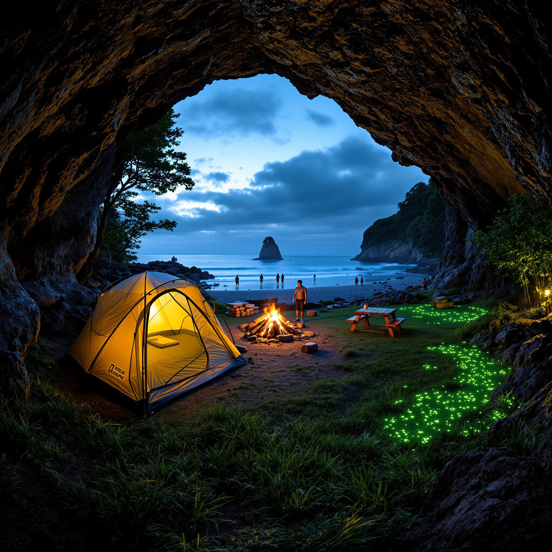 This cozy campsite sits inside a cave by the beach, where a warm campfire glows and people play near the waves. Glowing green lights sparkle on the grass, making it feel like a magical adventure. The ocean and tall rocks create a peaceful, beautiful view.