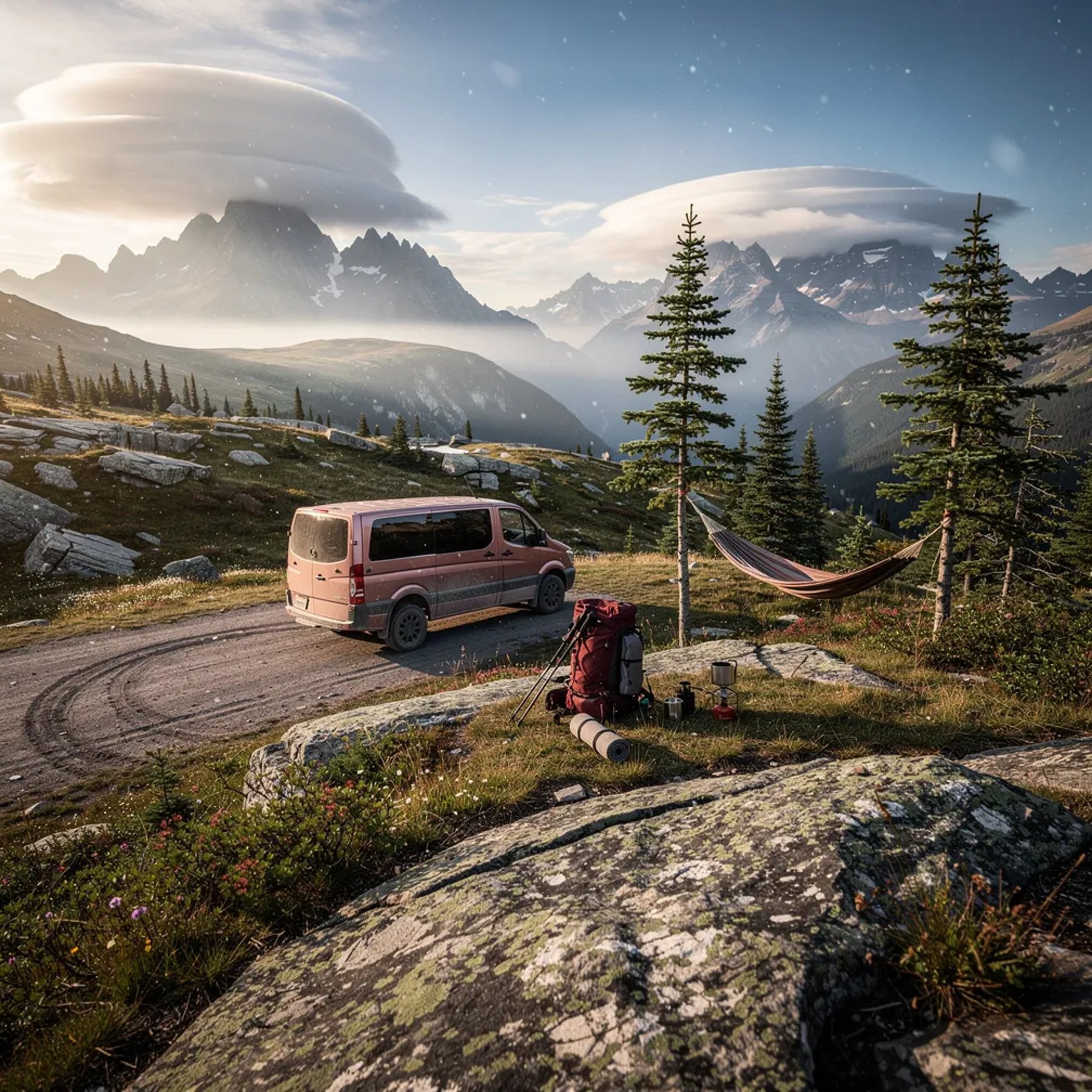 A quiet alpine campsite sits on rolling hills of rock and meadow, surrounded by scattered evergreen trees. A dusty-rose van is parked in a small clearing, with a backpack nearby and a hammock hanging between two trees. Golden morning light washes over the granite slabs while tiny snow flurries drift in the crisp air. Far away, tall peaks rise under smooth, lens-shaped clouds.