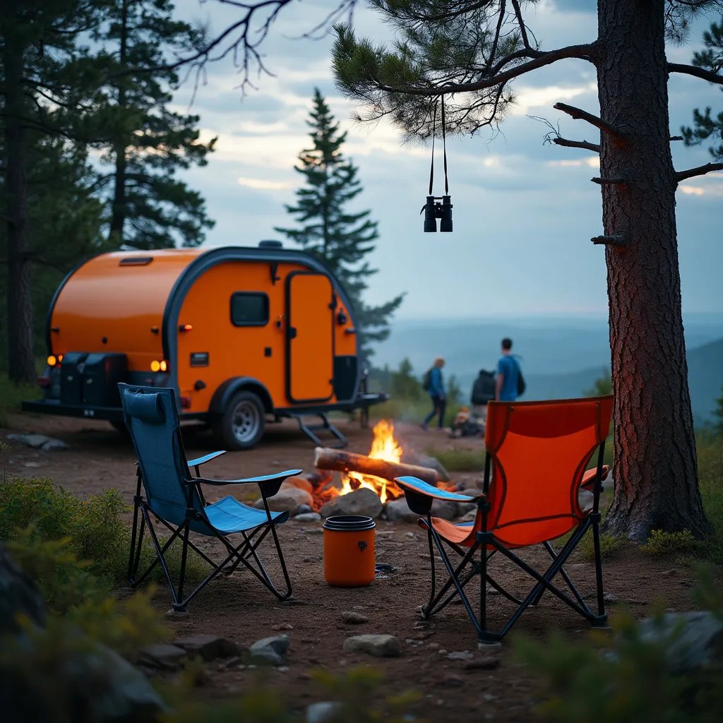 An orange teardrop trailer rests among the trees of Isle Royale National Park. Camping chairs, hanging binoculars, and a warm mug by the campfire make the spot feel cozy. Hikers explore nearby under a cloudy, golden sky.