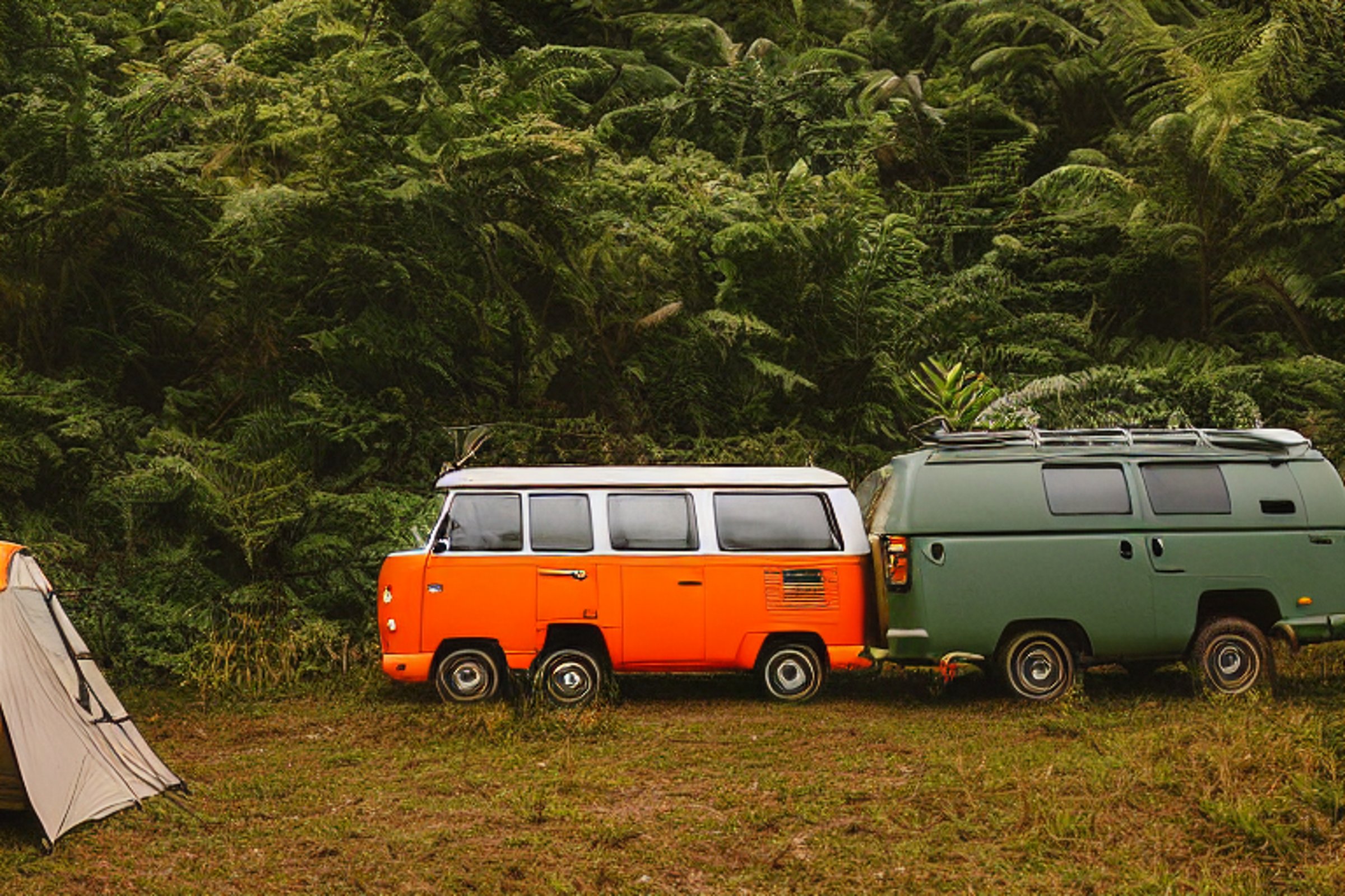 Two bright orange campervans rest on a paved campsite in Hawaii as the sun sets under cloudy skies. Ferns frame the area, while hikers, deer, and rolling waves add life to the peaceful scene.
