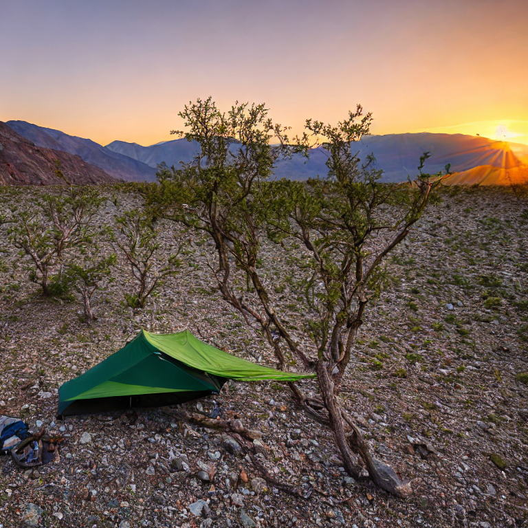 A green camo tent rests beside a warm campfire in a quiet Death Valley campsite. A hammock hangs from a nearby tree, while berry bushes and stones dot the dirt ground. Snowy mountains rise in the distance beneath the glowing sunset sky.