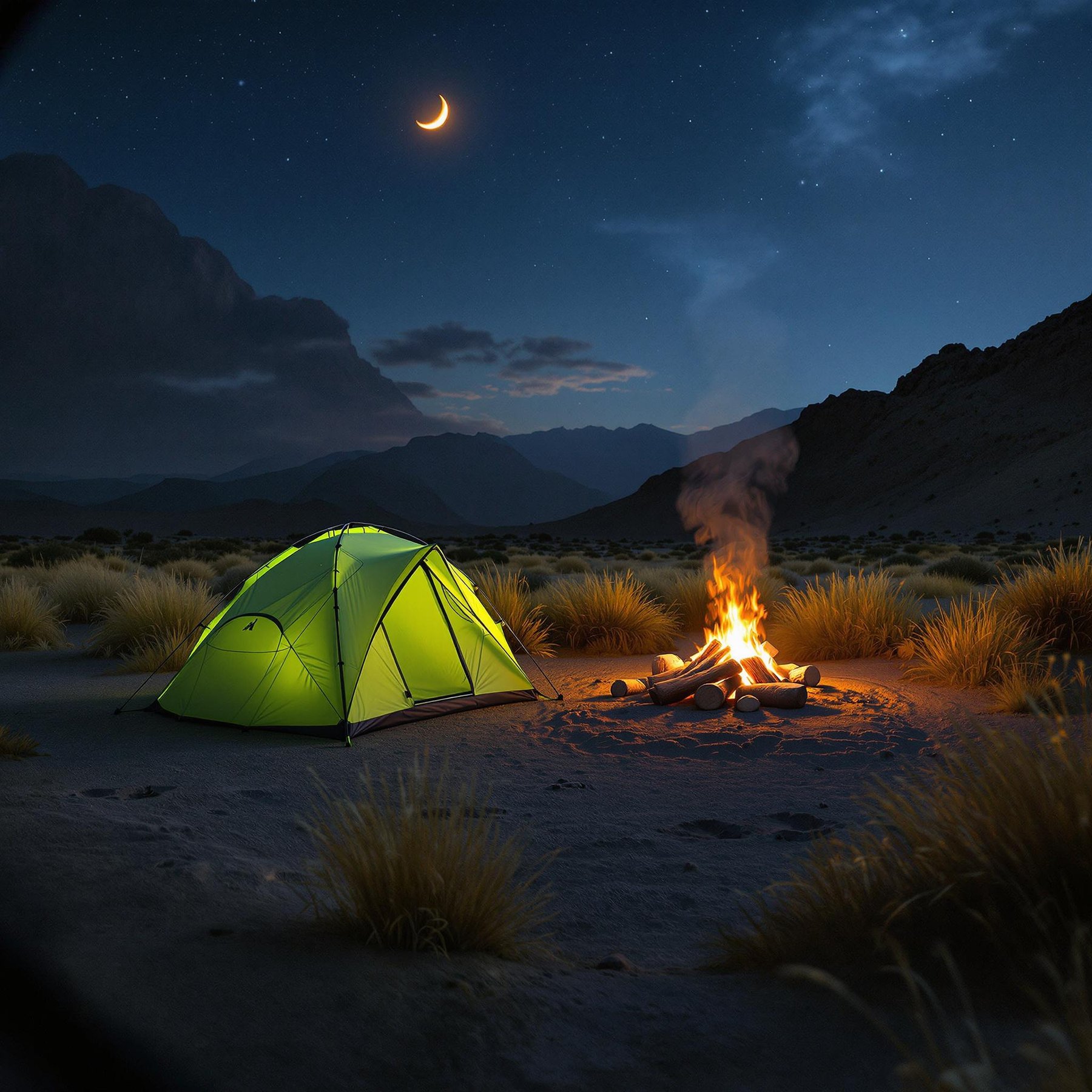 A bright lime-green tent rests in the misty desert under a thin crescent moon. A warm campfire glows beside it, with smoke drifting into the night. Animal tracks and ancient dinosaur footprints mark the ground and nearby rocks.