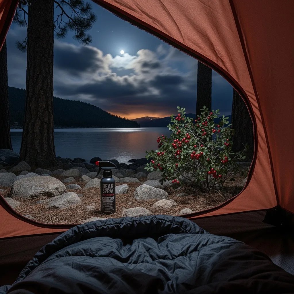You peek out from a cozy tent hung between tall pine trees on a rocky lakeshore. The calm lake shines softly, reflecting the glow of the distant sky and a hazy moon behind clouds. Red berries grow on a nearby bush, and rocks and pine needles cover the ground. The quiet night feels a little wild and magical.