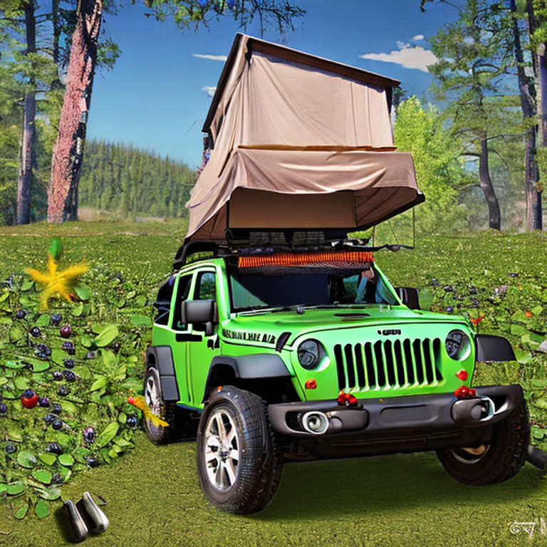 A green Jeep with a rooftop tent rests on a rough dirt campsite beside a quiet lake. Leaves cover the ground, while a wooden guitar and a berry-filled bush add a cozy, wild touch.