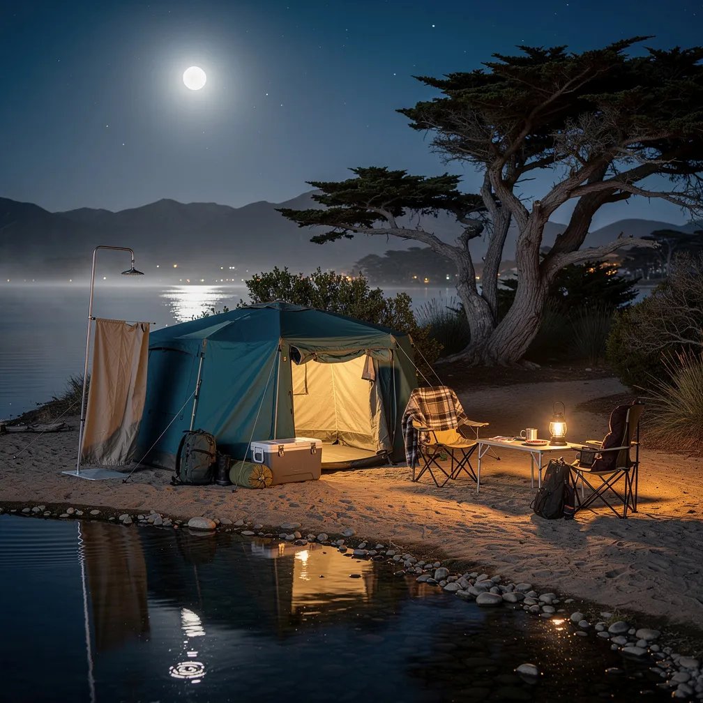 A bright full moon hangs over a quiet lake, and its silver light shimmers on the water. A teal canvas tent glows warm and cozy, with two chairs and a small table sitting on the sandy shore. Wind-bent cypress trees and faraway mountains fade into a soft, misty night.
