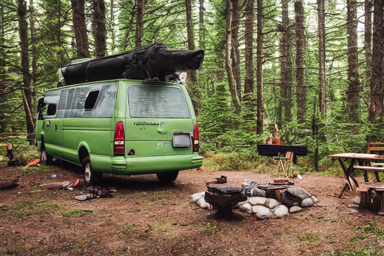 A green camper van rests on a quiet dirt campsite in Acadia National Park. Mossy trees surround a small stone-ringed campfire, while a wooden guitar lies nearby. Rainy dusk gives the scene a calm, cozy feeling.