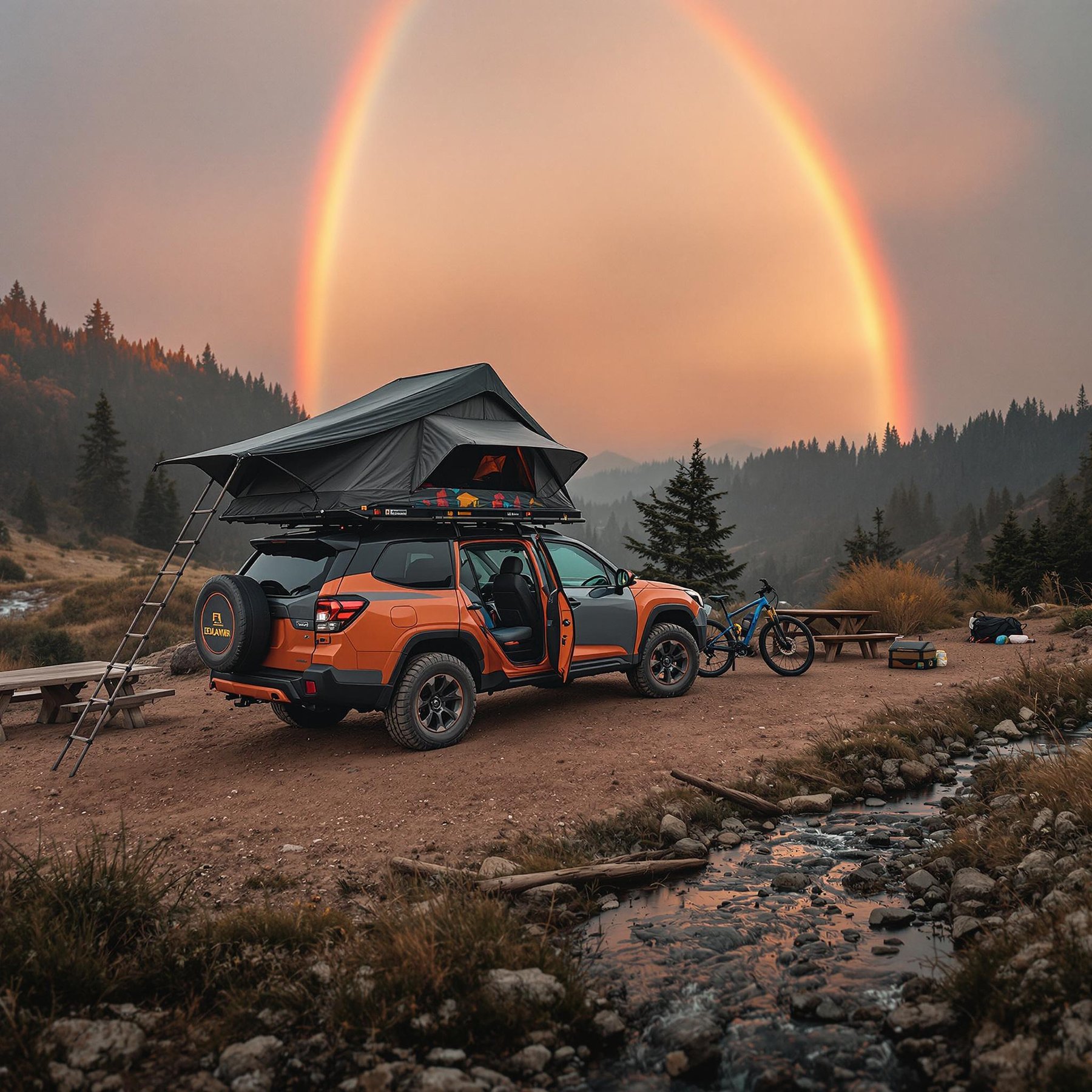 This campsite sits beside a gentle stream and tall pine trees, with a bright rainbow stretching across the sky. An orange SUV with a cozy roof tent is ready for adventure. The air feels fresh and peaceful in the middle of nature.
