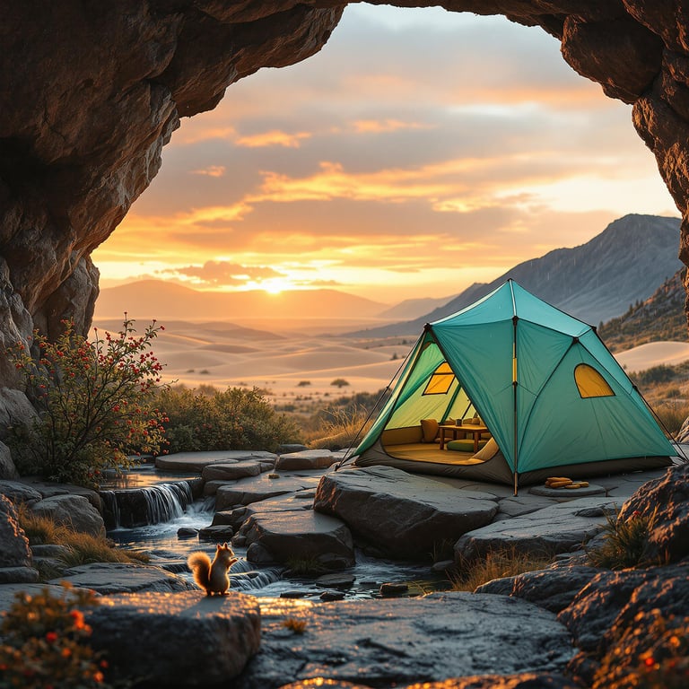 A bright tent sits on smooth rocks by a small, bubbling stream, surrounded by mountains at sunset. A curious squirrel enjoys the peaceful view. It’s a calm, beautiful place for a quiet night outdoors.