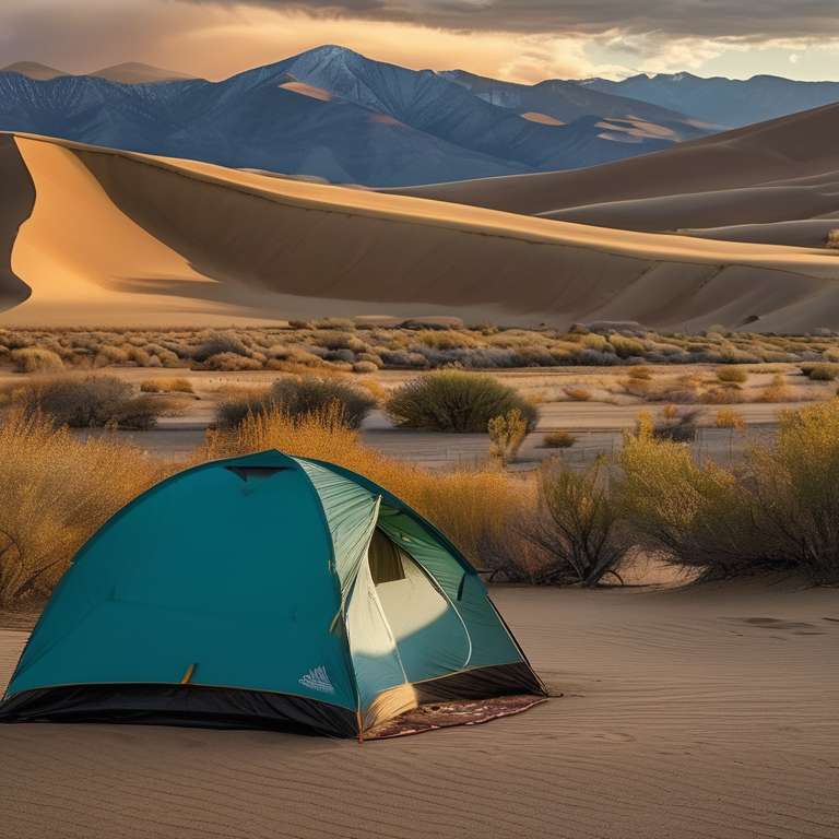 A teal tent rests on a paved campsite beneath the warm glow of sunset. Rough land, berry-covered bushes, and a large rock surround the site, while a deer stands far away near the Great Sand Dunes.