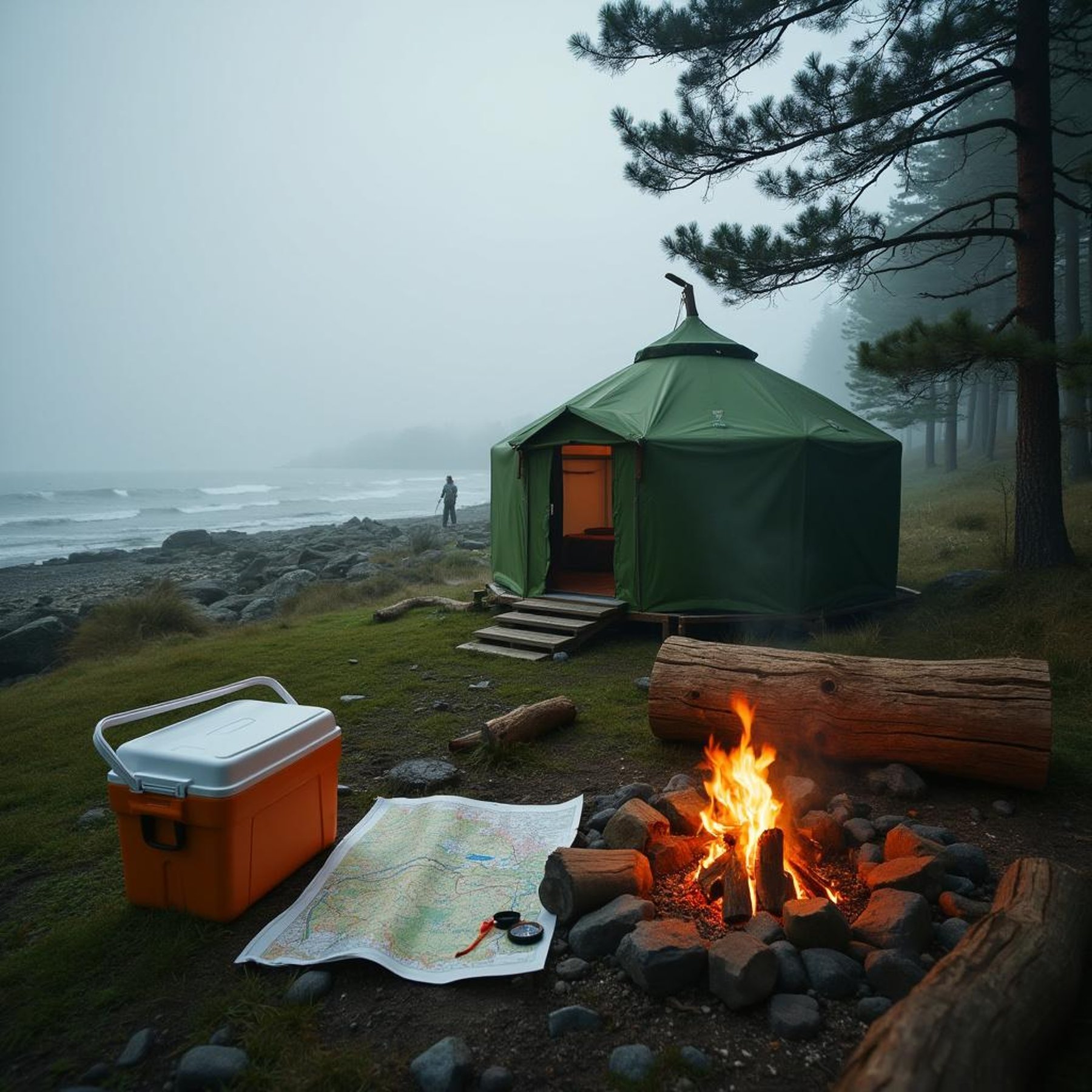 A green yurt rests on a quiet beach as soft fog rolls in from the sea. Nearby, a cooler, map, and compass sit beside a campfire log, with a simple outdoor shower tucked behind a privacy screen.