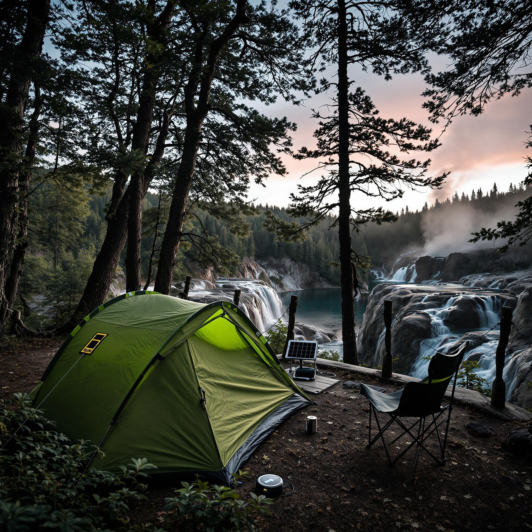 Nestled among towering trees, this cozy campsite overlooks a mesmerizing waterfall. The sound of rushing water and the soft rustle of leaves create a magical, peaceful atmosphere. Perfect for a nature-filled escape!