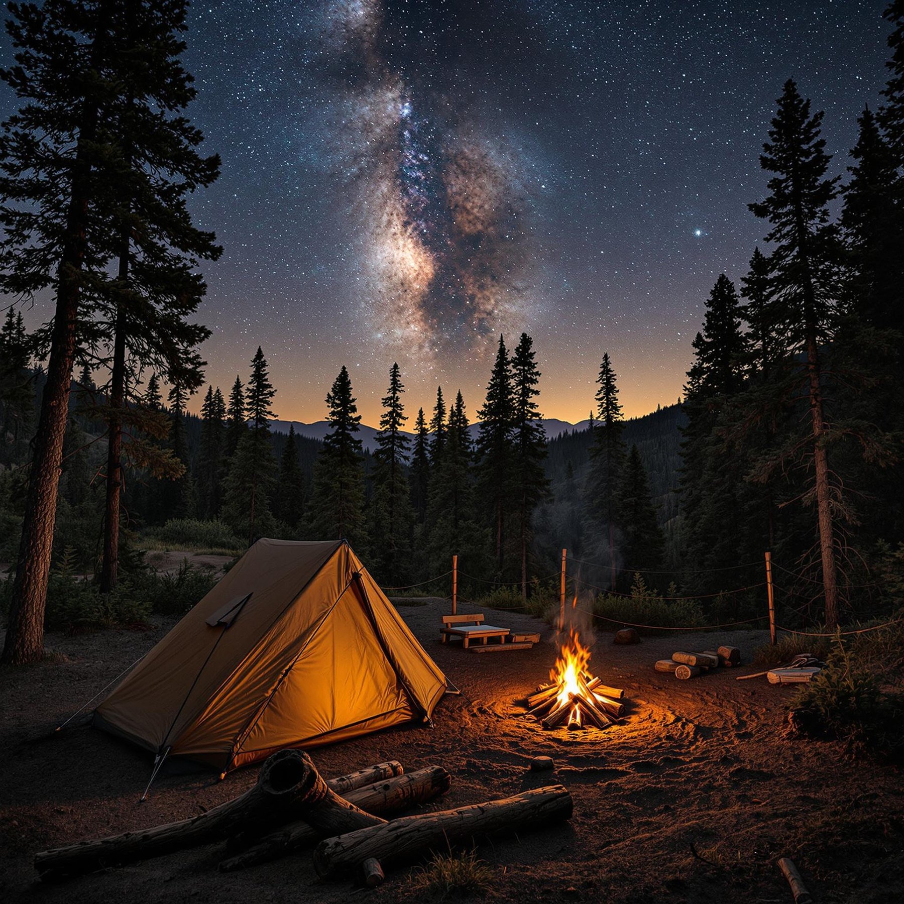 A cozy brown tent rests in a quiet Montana clearing beneath tall trees. A warm campfire glows beside the logs, while stars peek through the cloudy night sky. The campsite is seen from above on a rustic suspension bridge.