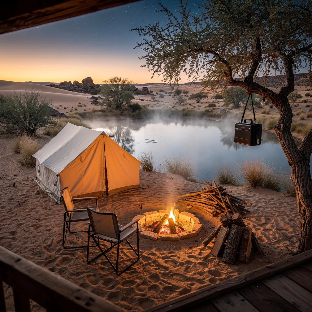 A quiet desert oasis campsite rests beside a small, mirror-like pool as dusk cools the sand. Warm embers glow in a stone fire ring, lighting two chairs and a simple canvas tent. Tall dune grass sways nearby, and a food bag hangs from a mesquite branch while a soft mist drifts over the water.